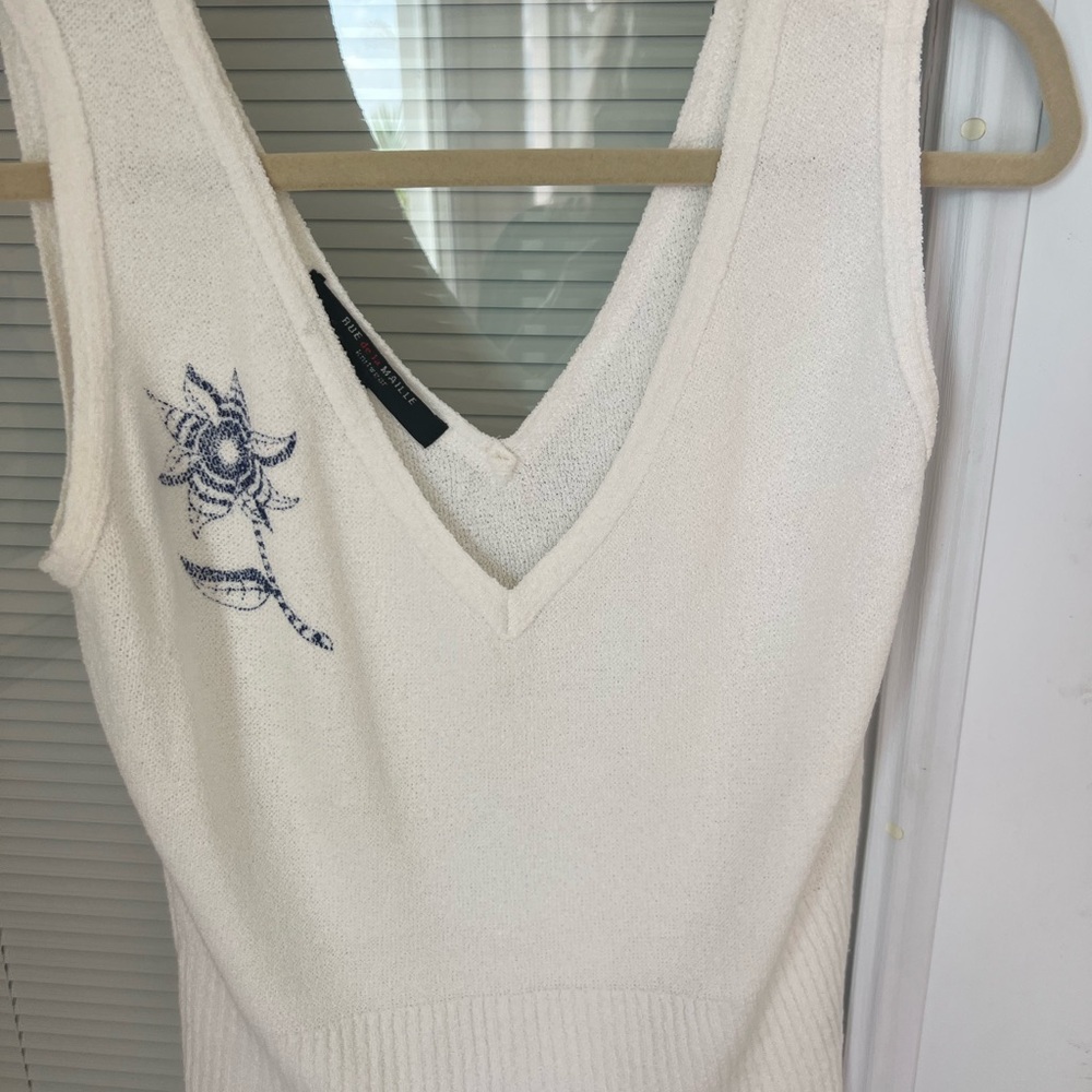 White V-Neck Tank Top with Blue Floral Design